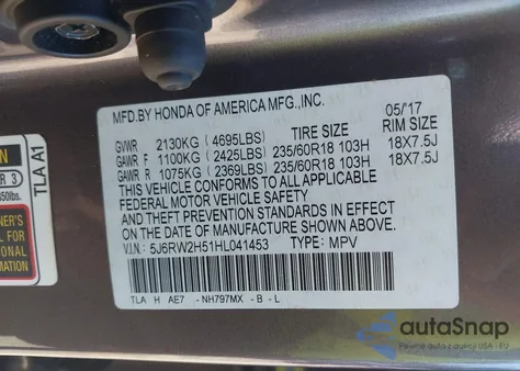 2017 Honda Cr-V Ex z USA, uszkodzony, nr VIN 5J6RW2H51HL041453